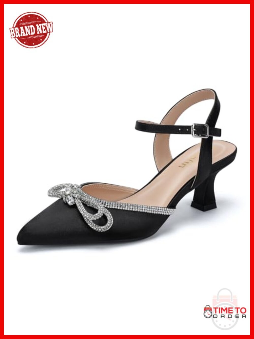 Wide Width Kitten Heels Rhinestone Bow Pointed Toe Satin Pumps